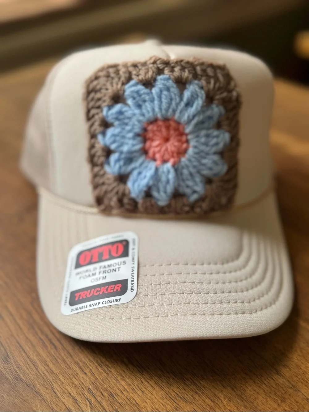 OTTO Cream Trucker Hat with Handmade Crochet Floral Granny Square Patch NWT